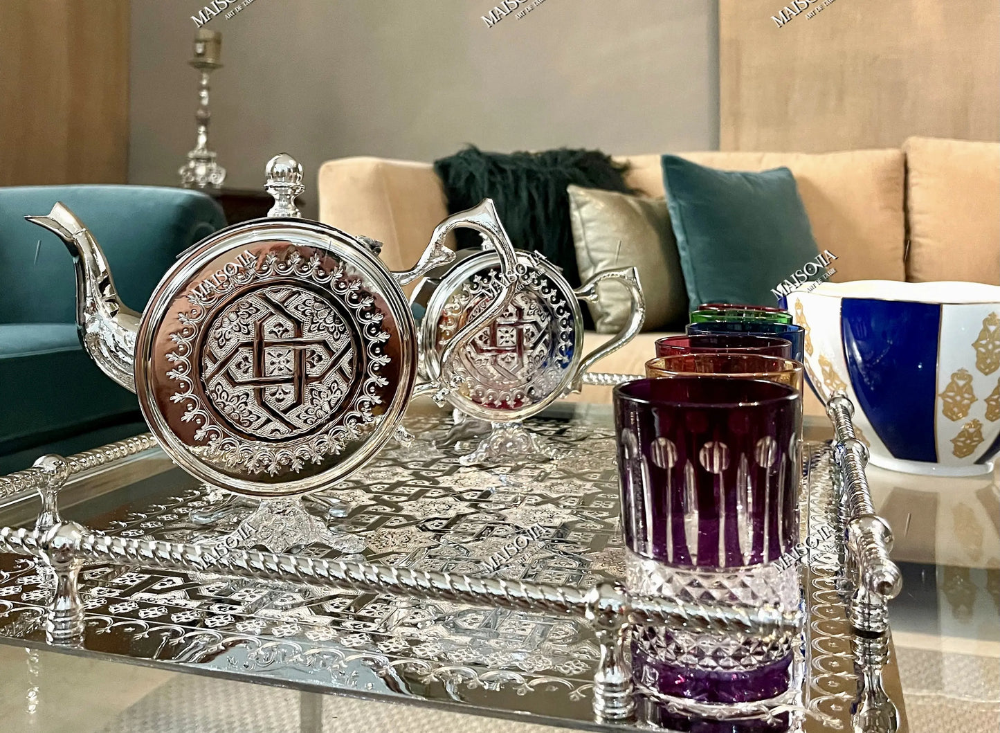 Plateau marocain artisanale en Cuivre revêtu en Inox