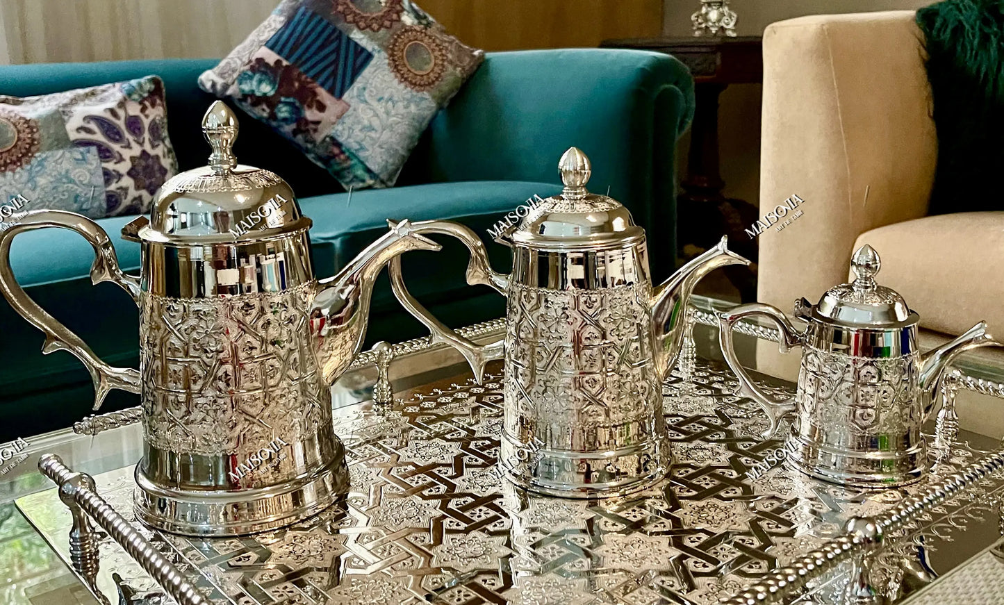 THÉIÈRE Marocaine en Cuivre revêtu d’Inox_ en argenté ( Par unité)