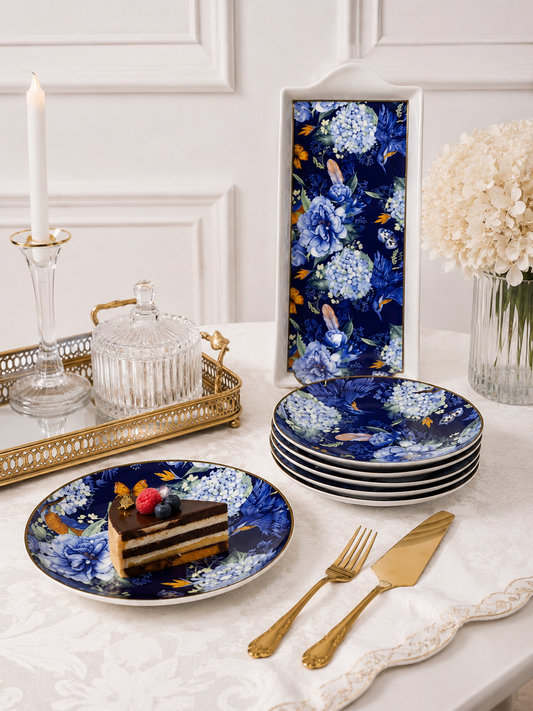 Set de 7 Pièces à Gâteau en Fleurs Bleues et Oiseaux Exotiques