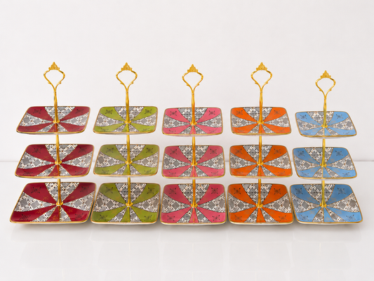 Présentoir Rectangulaires Beldi Marocains Multicolores – À 3 Etages _ Artisanat Traditionnel & Finition Dorée
