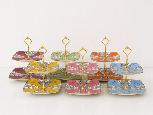 Présentoir Rectangulaires Beldi Marocains Multicolores – À 2 Etages _ Artisanat Traditionnel & Finition Dorée
