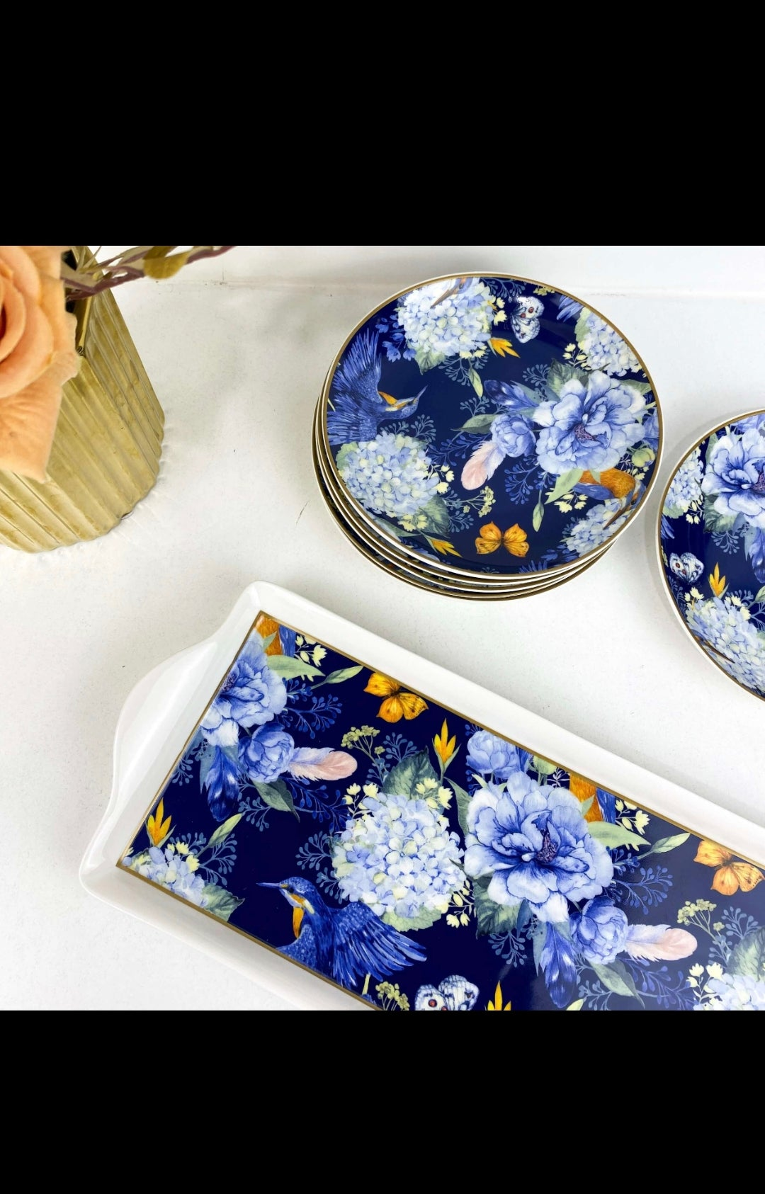 Set de 7 Pièces à Gâteau en Fleurs Bleues et Oiseaux Exotiques
