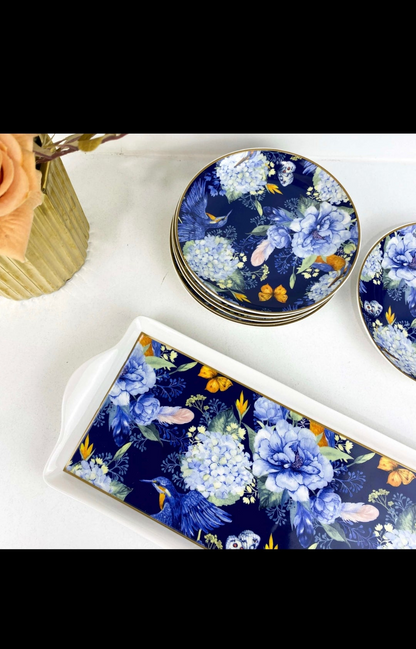 Set de 7 Pièces à Gâteau en Fleurs Bleues et Oiseaux Exotiques