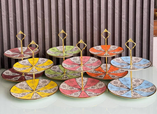 Présentoir Beldi Marocains Multicolores – À 2 Etages _ Artisanat Traditionnel & Finition Dorée