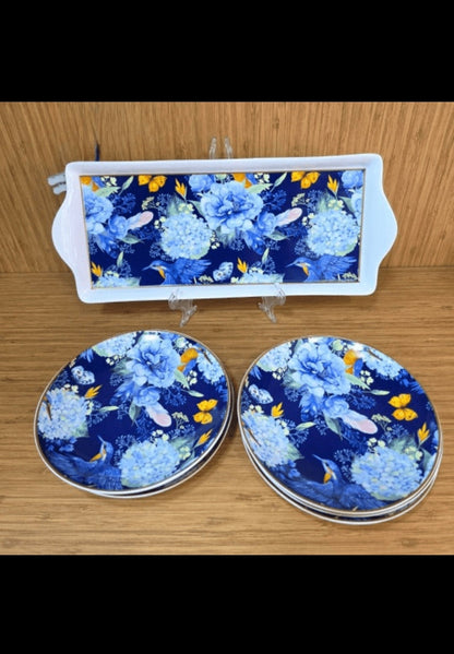Set de 7 Pièces à Gâteau en Fleurs Bleues et Oiseaux Exotiques