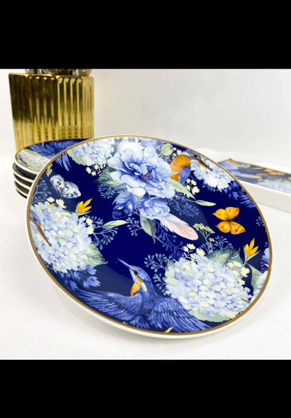 Set de 7 Pièces à Gâteau en Fleurs Bleues et Oiseaux Exotiques