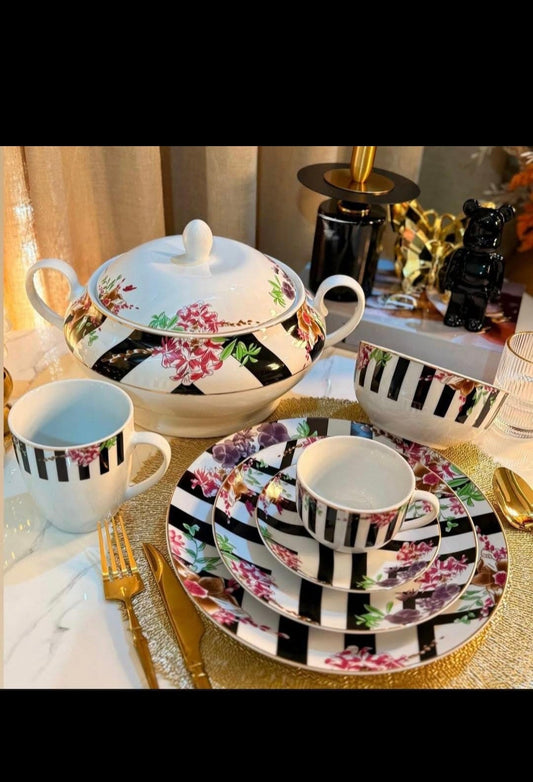 Service de Table Floral Rayée de Luxe 38 Pieces
