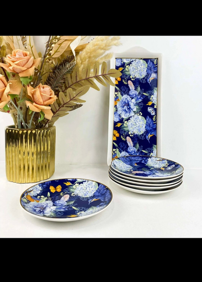Set de 7 Pièces à Gâteau en Fleurs Bleues et Oiseaux Exotiques
