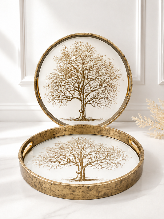Duo Plateaux Rond Décoratif “Arbre de Vie” – Élégance Dorée & Design Artistique
